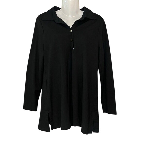 Chico’s Women's Medium Black Collared 3 Button V Neck Long Sleeve Rayon Blouse - Picture 1 of 4